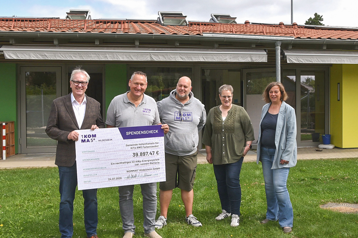 Uwe Semper, Marcel Stahl, Mario Kornell, Dabiela Gier und Juliane Friebe (von links) bei der Übergabe des Spendenschecks vor der Kita mit den Solarmodulen auf dem Dach.