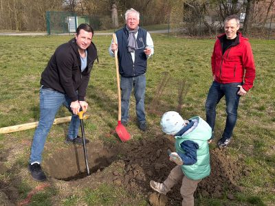 Drei Männer heben eine Pflanzgrube aus und ein Kind hilft fleißig mit.